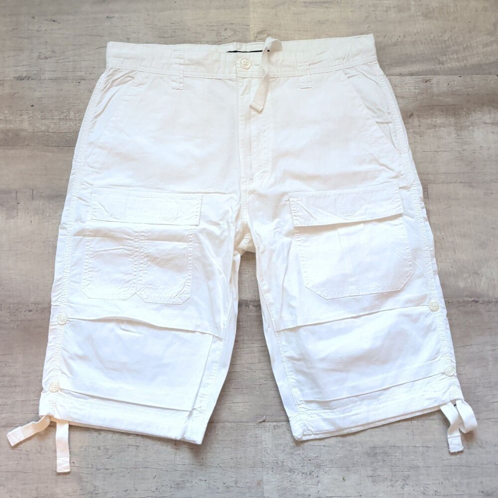 Sean John Men's White Cargo Shorts Size 34 100% Cotton Multi-Pocket Drawstring